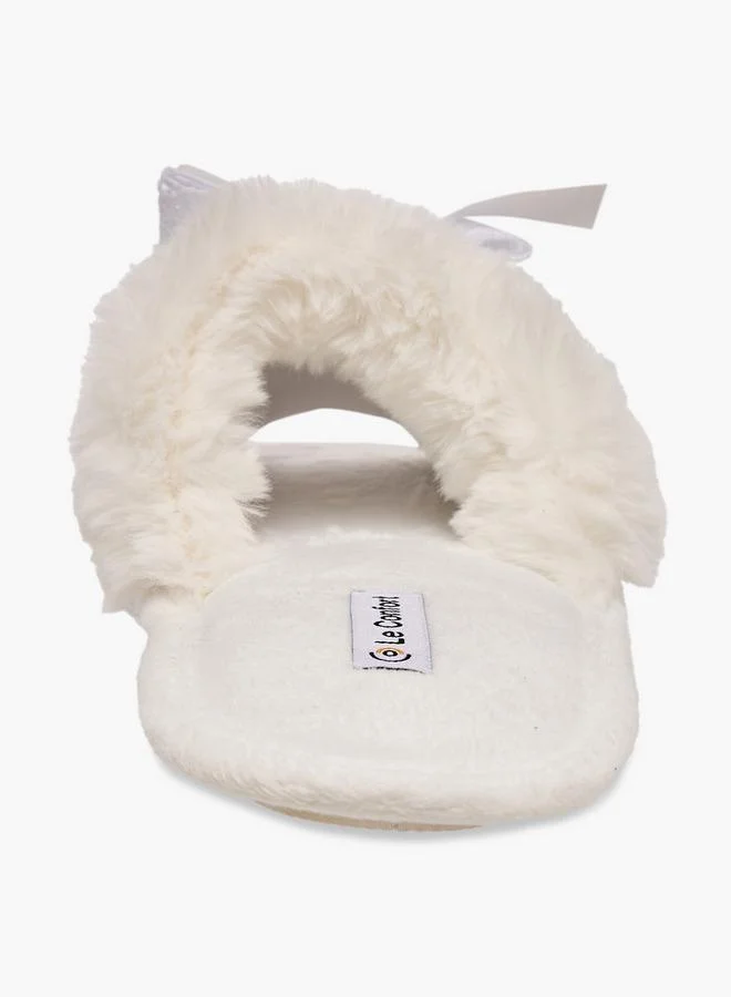 Le Confort BEIGE Faux Fur Textured Bedroom Slippers with Bow Accent for Women | Best Price UAE